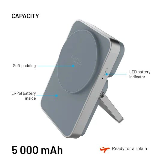FIXED MagZen 5 Stand powerbank MagSafe támogatással, Apple Watch töltéssel és állvánnyal, 5 000 mAh, szürke