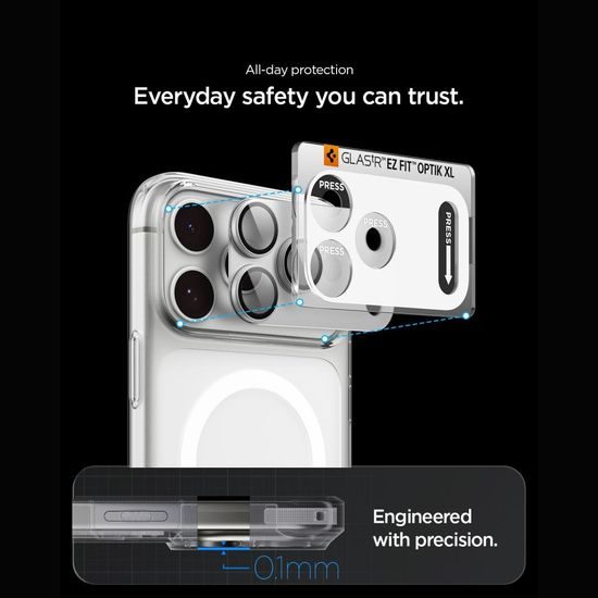 iPhone 18 Pro Max kaamerakaitse – Spigen Optik Pro XL TR EZ Fit paigaldusraamiga karastatud klaas – hõbedane
