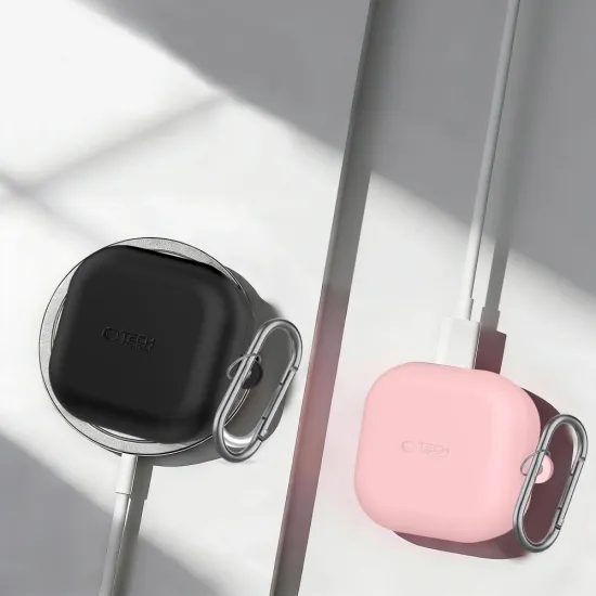 Tech-Protect Silikon Schutzhülle für Samsung Galaxy Buds 4 / 4 Pro - Kabelloses Laden - Mit Karabiner - Rosa