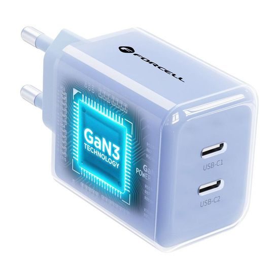 Forcell F-Energy GaN III Ladegerät mit 2x USB-C 60 W + USB-C auf USB-C Kabel - Blau