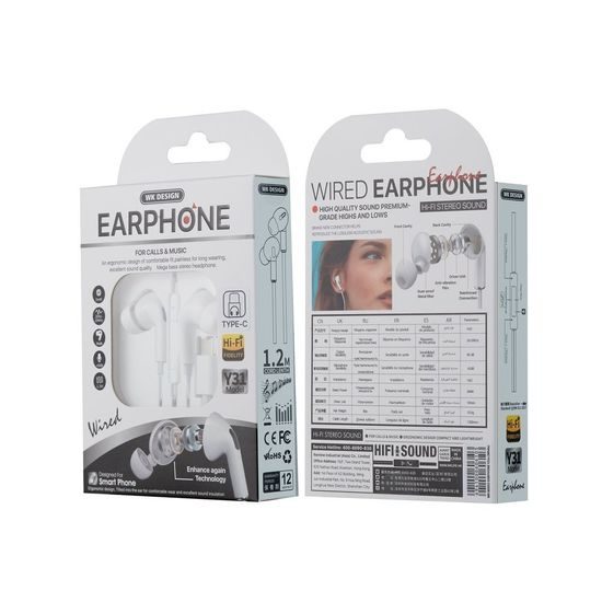 WK Design Earphone USB-C fülhallgató, fehér (Y31 type-c fehér)