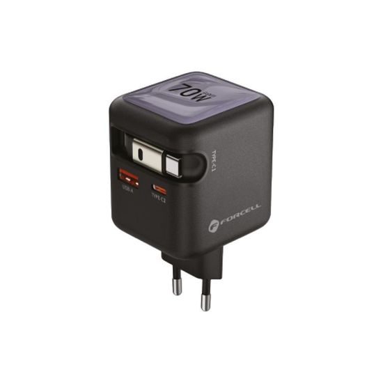 Forcell F-Energy φορτιστής GaN USB-C + USB-A + συρόμενο καλώδιο USB-C, PD, QC4.0, 3A, 70W, γκρι