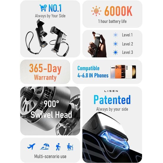 Lisen Handy Tischhalterung A133 für Smartphones 4-6,8" - mit LED-Licht und Clip-Befestigung - Schwarz