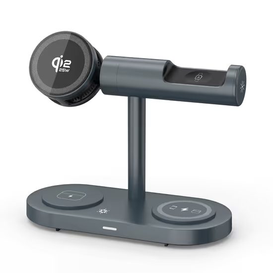 Stația de încărcare Qi2.2 MagSafe 5în1 cu răcire activă, 25W și rotație 360° pentru iPhone, Apple Watch, AirPods, Android, gri