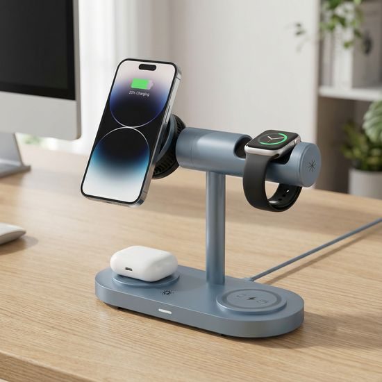 Qi2.2 MagSafe Nabíjecí stanice 5v1 s aktivním chlazením, 25 W a 360° rotací pro iPhone, Apple Watch, AirPods, Android, modrá