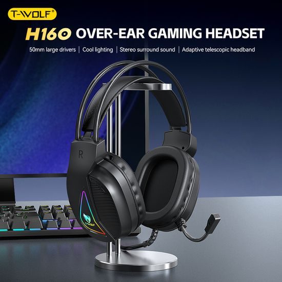T-WOLF H160 Gaming Headset mit 3,5 mm Klinke - Stereo Kopfhörer mit Mikrofon und RGB Beleuchtung