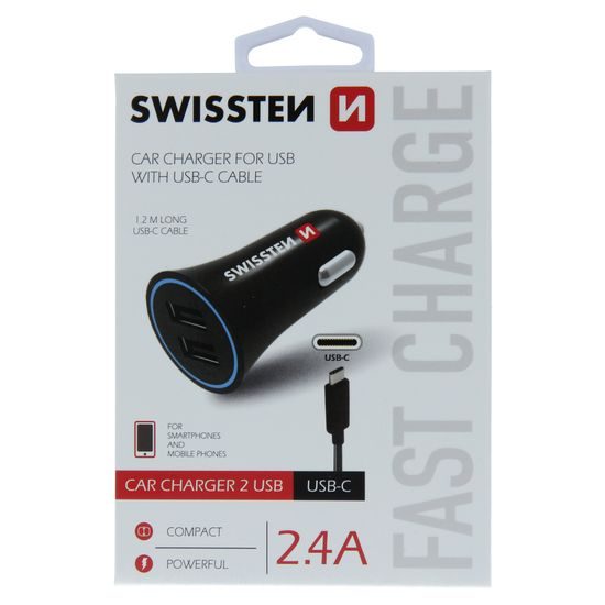 Swissten CL adaptér 2,4A Power 2X USB + USB-C kábel
