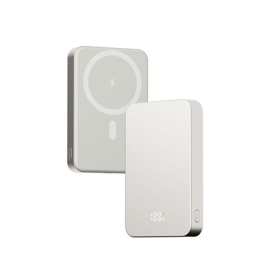 UltraThin MagSafe Powerbank 10000 mAh für iPhone - PD20W + 15W Wireless Charging - LED Display - Silbergrau