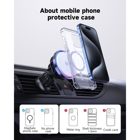 Ψύκτρα MagSafe Qi2 ασύρματης φόρτισης για αεραγωγούς αυτοκινήτου, με προαιρετικό RGB φωτισμό, 15W, κυκλική, λευκή