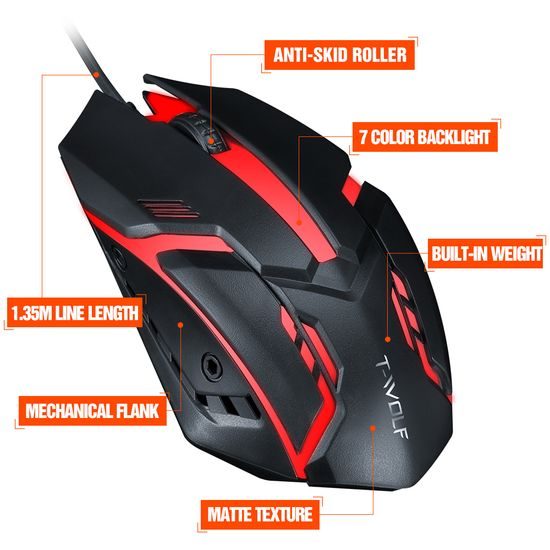 T-WOLF V1 gamer RGB egér, 1200 DPI, ergonomikus, háttérvilágítással (USB)