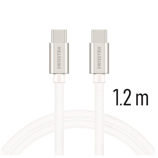 Swissten tekstilni podatkovni kabel, USB-C / USB-C, 1,2 m, srebrn