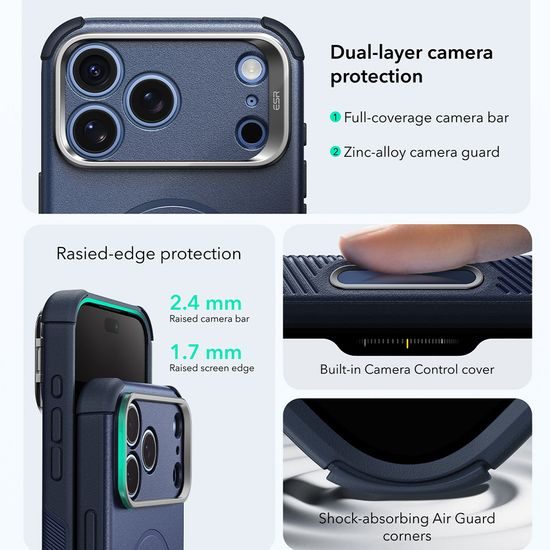 iPhone 17 Pro / 18 Pro vāciņš – ESR Cyber Armor Kickstand ar statīvu – zils