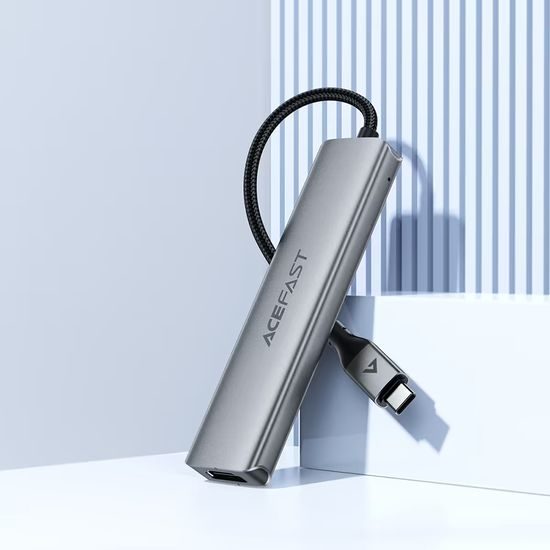 Acefast 5-in-1 Adapter (J16) - USB-C naar 3x USB 3.0, USB-C PD 90W, HDMI 4K@60Hz - Plug & Play - Grijs