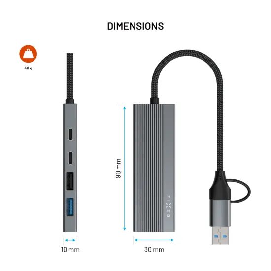 FIXED HUB Port alumínium USB-C elosztó, 4 port, USB-A adapterrel, űrszürke