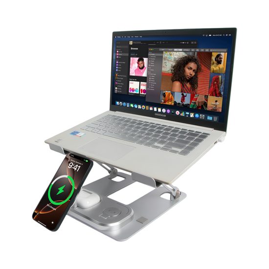 Premium Aluminium Laptop Ständer mit kabelloser 4-in-1 Ladestation - Ergonomischer Notebook Halter mit Wireless Charging für Smartphone, Smartwatch und Earbuds - Silber