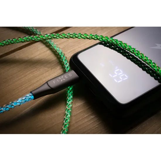 Világító töltőkábel FIXED USB-C - USB-C, PD 60W, 1,2m, szivárvány