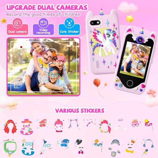 Telefon inteligent pentru copii cu jocuri, MP3, cameră duală și ecran tactil, unicorn alb