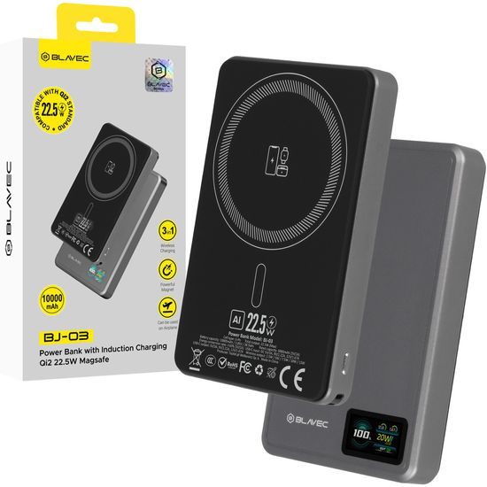 Blavec BJ-03 Slim 3u1 MagSafe powerbank USB-C, 10000mAh, 22,5W, siva