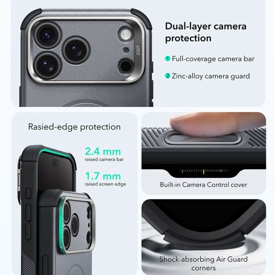iPhone 17 Pro / 18 Pro vāciņš – ESR Cyber Armor Kickstand ar statīvu – pelēks