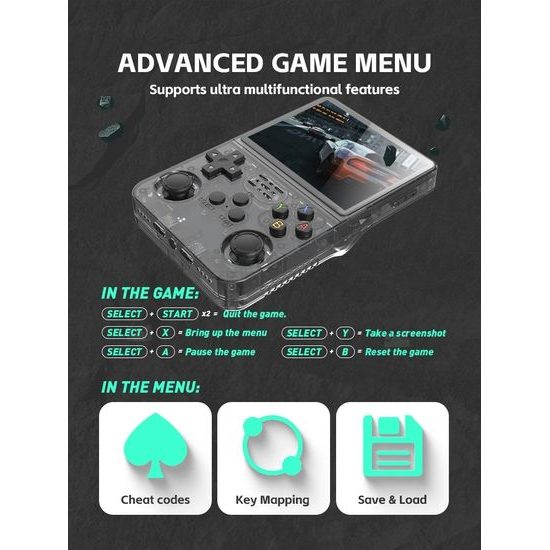 R36S Преносима игрова конзола с 3,5" IPS дисплей, ArkOS Linux система, черна