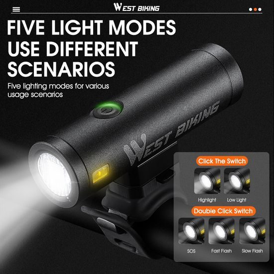 West Biking Fahrradlicht Vorne 500 Lumen - 2000 mAh Akku - IPX5 Wasserdicht - USB-C Aufladung - Schwarz