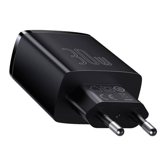 Baseus Kompaktes Schnellladegerät, 2x USB, USB-C, PD, 3A, 30W, schwarz