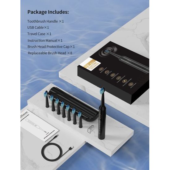 Sada sonického elektrického kartáčku a bezdrátové ústní sprchy 2v1 (IPX7, 5 režimů, 300 ml), černá