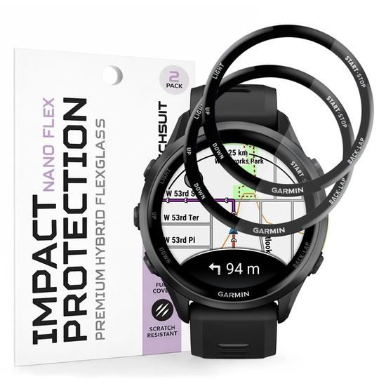 Techsuit Nano Flex Displayschutzfolie für Garmin Forerunner 970 / Forerunner 570 47mm - Flexible PMMA Schutzfolie - 2 Stück - Schwarz