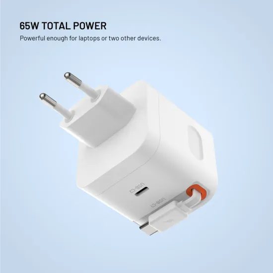 FIXED GaN hálózati töltő, 2x USB-C, PD 3.0, 65W önbehúzódó kábellel, fehér