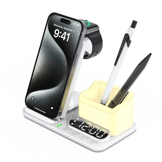 DeskCharge Station Pro Πολυλειτουργικός σταθμός ασύρματης φόρτισης 5 σε 1 με ρολόι και οργανωτή, λευκό