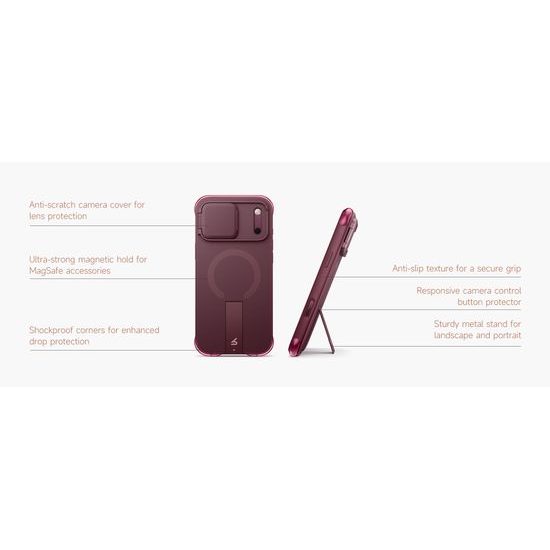 Husă Suritch AirBounce Bumper MagSafe Kickstand CamProtector, iPhone 17 Pro Max / 18 Pro Max, vișiniu