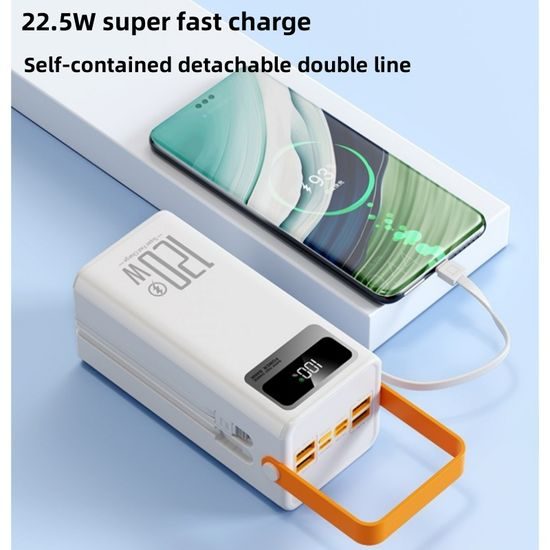 Powerbank 80.000 mAh, 120W PD + QC, 4 USB + 2 Kabel, LED-Licht, weiß