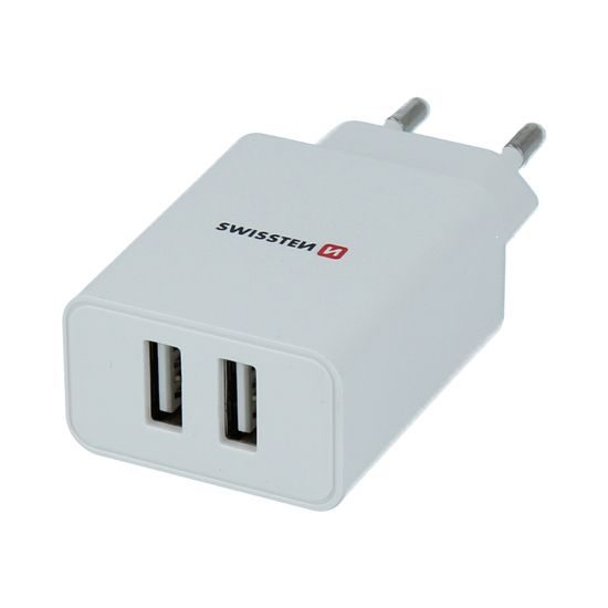 Swissten síťový adaptér smart IC 2x USB, 2,1A Power, bílý + kabel USB-C 1,2m