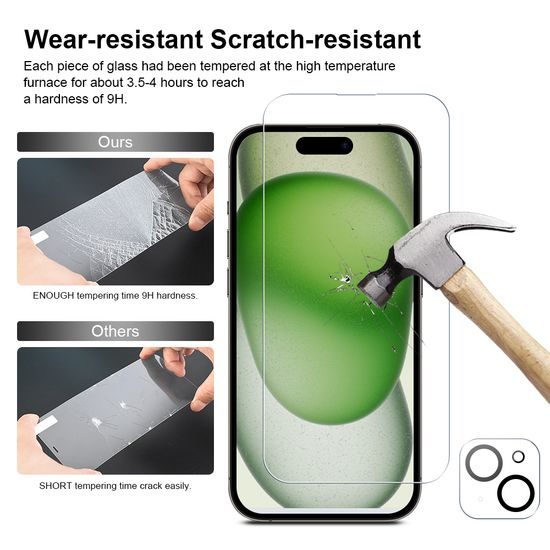 JP Mega Pack Vetri Temperati, 3 vetri per telefono con applicatore + 2 vetri per fotocamera, iPhone 15