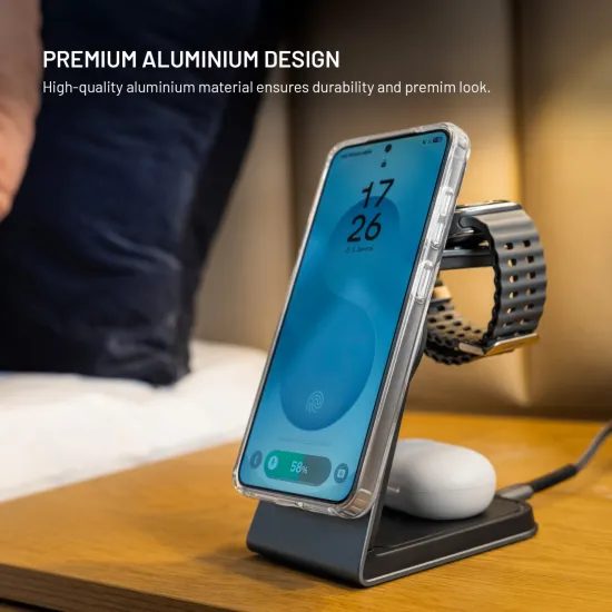 FIXED MagPowerstation Alu 3 az 1-ben vezeték nélküli töltőállvány Samsung készülékekhez MagSafe-fel, 25W + 5W + 2W, Qi2.2, űrszürke