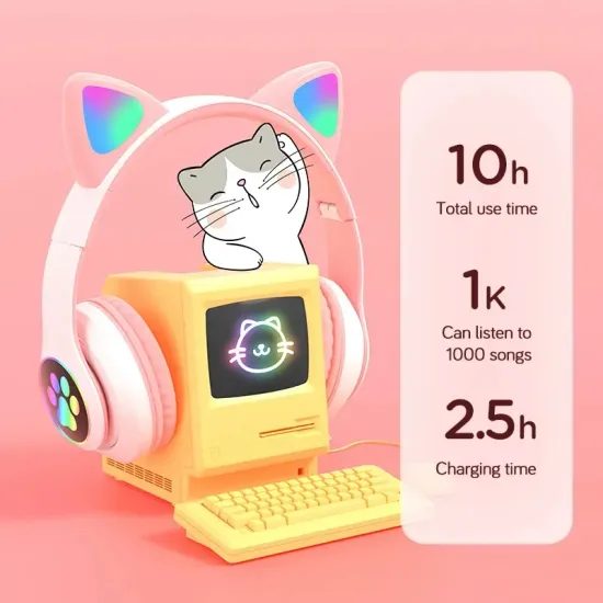 Cat Ear Bluetooth sluchátka s mikrofonem pro děti, růžové