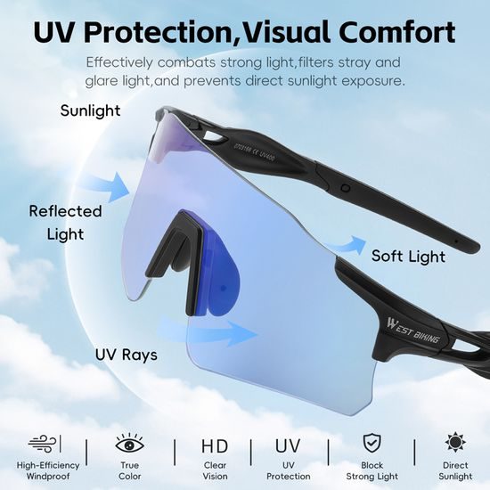 West Biking Photochromatische Fahrradbrille mit UV-Schutz - Sportbrille für Radfahren, Laufen und Outdoor - Schwarz