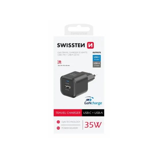 Swissten Δικτυακός Προσαρμογέας GaN 1x USB-C 35W PD και 1x USB-A 27W QC, μαύρος
