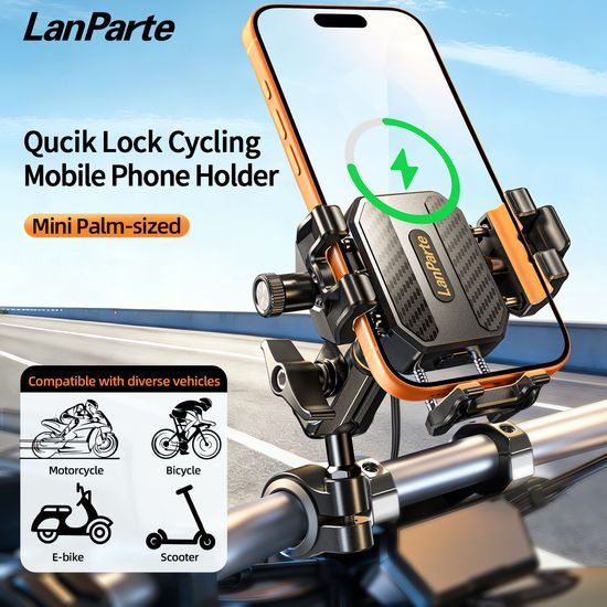 LanParte LPT01-E Suport telefon pentru motocicletă cu încărcare wireless și amortizare vibrații