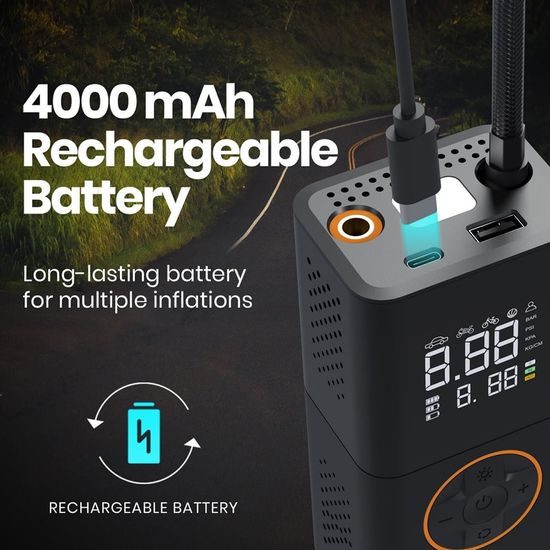 Techsuit (AI1) Kabelloser Kompressor GoInflate mit LED-Taschenlampe - 4000 mAh Akku - Digitaler Luftkompressor für Auto, Motorrad, Fahrrad - 150 PSI - Schwarz