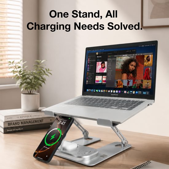 Premium Aluminium Laptop Ständer mit kabelloser 4-in-1 Ladestation - Ergonomischer Notebook Halter mit Wireless Charging für Smartphone, Smartwatch und Earbuds - Silber
