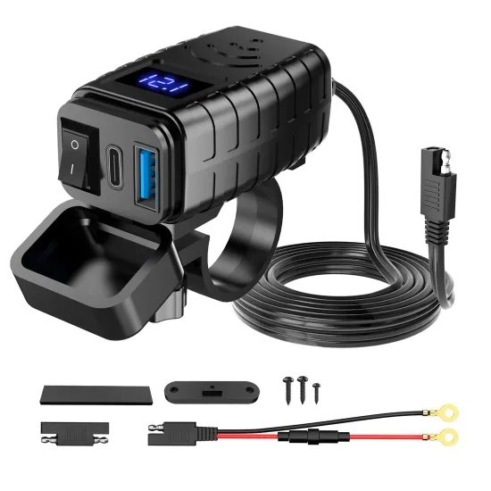 Alogy MotoCharge Pro™ 36W Motorrad Ladegerät mit Display - USB-A + USB-C - 36W PD + QC 3.0 - Schwarz