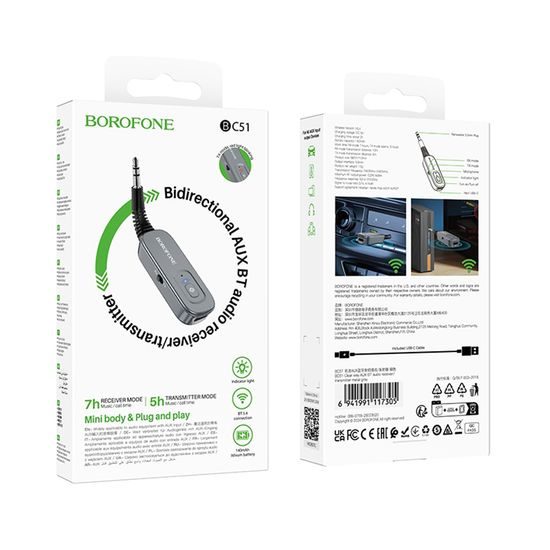 Borofone BC51 Bluetooth Audio Adapter AUX Empfänger und Sender - 2-in-1 RX/TX Modus - Plug & Play - Grau