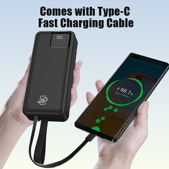JP Powerbank z dvema vgrajenima kabloma, 30000 mAh, USB-C + Lightning, z LED lučko, PD 22,5W, črna