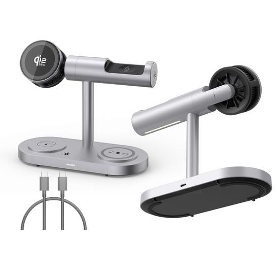 Qi2.2 MagSafe Nabíjecí stanice 5v1 s aktivním chlazením, 25 W a 360° rotací pro iPhone, Apple Watch, AirPods, Android, stříbrná