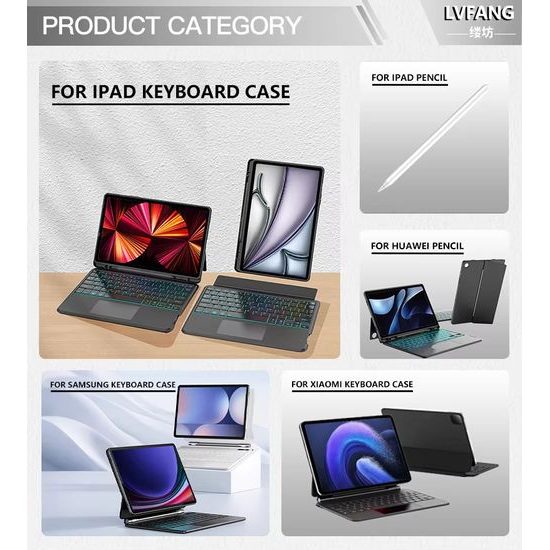 JP Μαγνητική θήκη με αποσπώμενο πληκτρολόγιο Bluetooth, touchpad, οπίσθιο φωτισμό, περιστρεφόμενη βάση και θήκη για stylus, Samsung Galaxy Tab S9+ / S10+ / S7 FE / S9 FE+, μαύρη