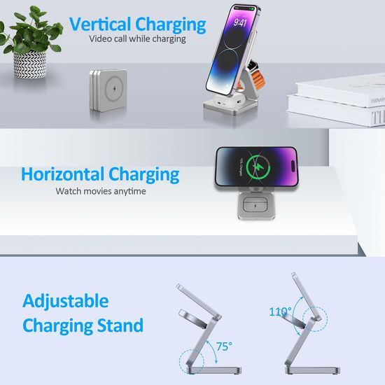 JP kokkupandav 3-in-1 juhtmevaba Qi laadija alumiinium 15W – hall