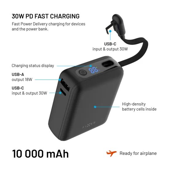FIXED Zen 10 Loop powerbank LCD kijelzővel, 10 000 mAh, 30W, fekete