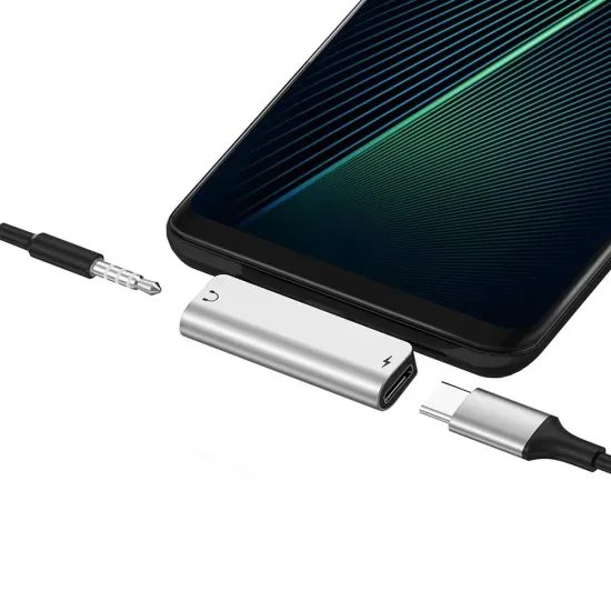 Hoco 2in1 audió adapter USB-C 3,5 mm-es csatlakozóra + USB-C, ezüst (LS26)