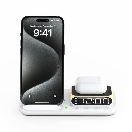 FoldCharge Clock 5 Pro Αναδιπλούμενος 5 σε 1 ασύρματος σταθμός φόρτισης με ρολόι και φωτιστικό νυκτός, λευκό